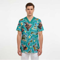 Hawaii Map with Plumeria Flower and Palaka Pattern Scrub Top Tropical Island Teal Design LT03 - Polynesian Pride