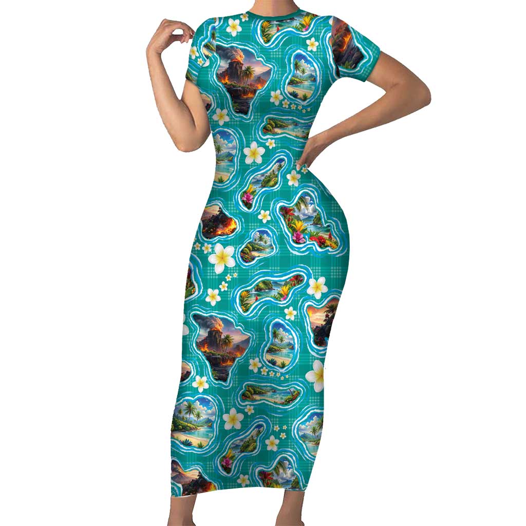 Hawaii Map with Plumeria Flower and Palaka Pattern Short Sleeve Bodycon Dress Tropical Island Teal Design LT03 Long Dress Teal - Polynesian Pride