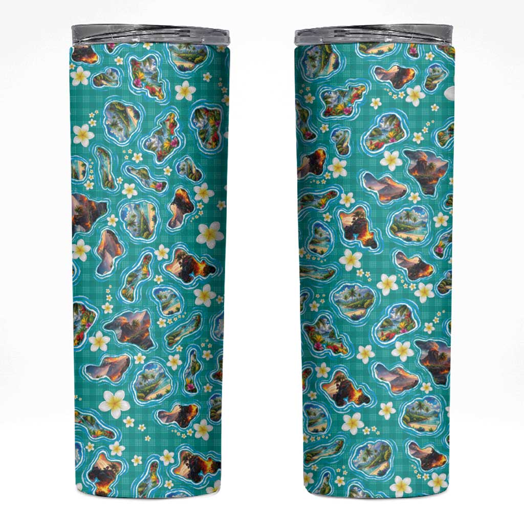 Hawaii Map with Plumeria Flower and Palaka Pattern Skinny Tumbler Tropical Island Teal Design LT03 Teal - Polynesian Pride