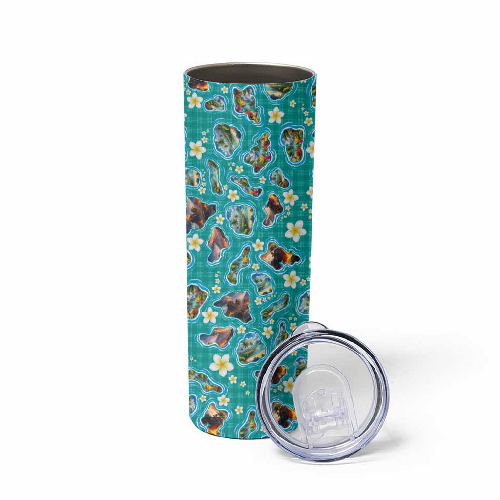 Hawaii Map with Plumeria Flower and Palaka Pattern Skinny Tumbler Tropical Island Teal Design LT03 - Polynesian Pride