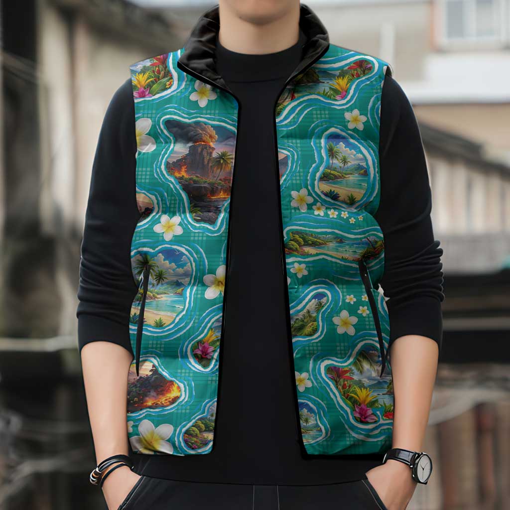Hawaii Map with Plumeria Flower and Palaka Pattern Sleeveless Puffer Jacket Tropical Island Teal Design LT03 - Polynesian Pride