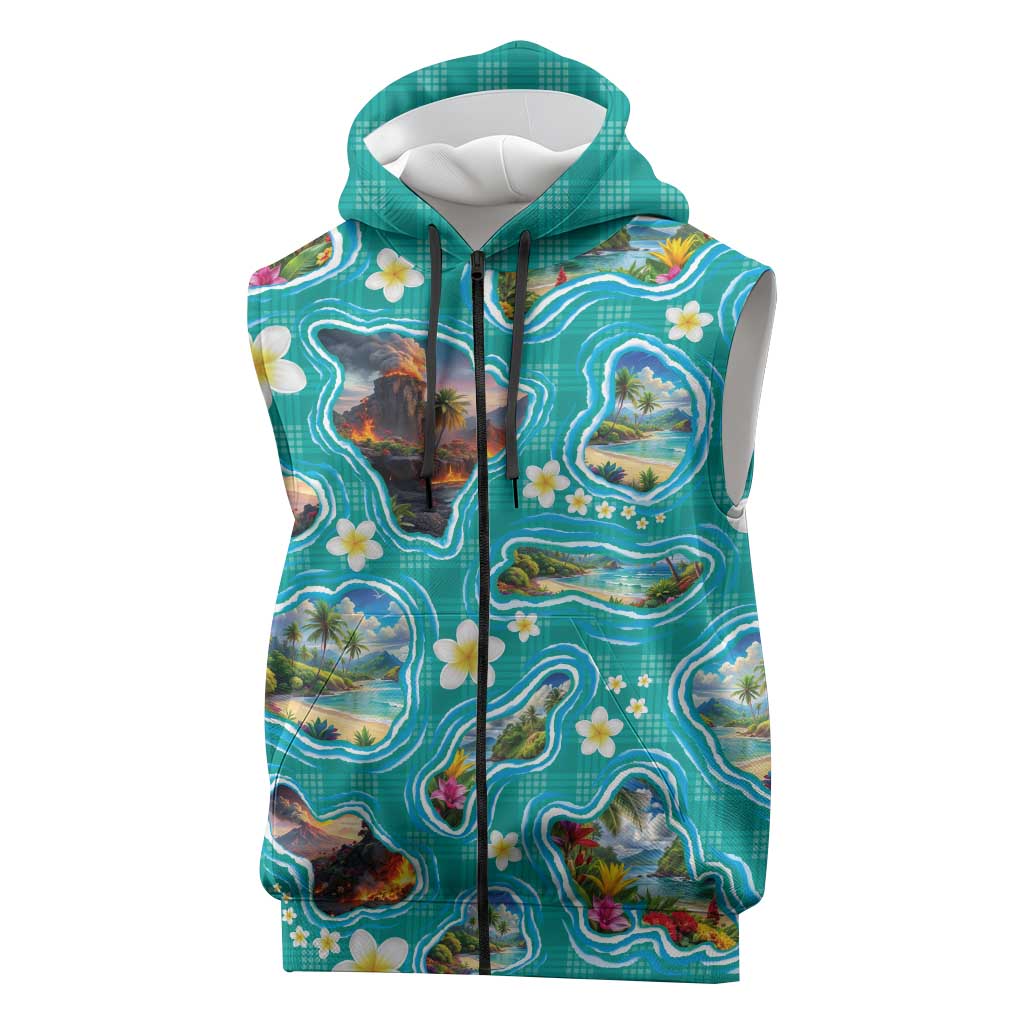 Hawaii Map with Plumeria Flower and Palaka Pattern Sleeveless Zip Hoodie Tropical Island Teal Design LT03 Teal - Polynesian Pride