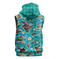 Hawaii Map with Plumeria Flower and Palaka Pattern Sleeveless Zip Hoodie Tropical Island Teal Design LT03 - Polynesian Pride