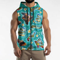 Hawaii Map with Plumeria Flower and Palaka Pattern Sleeveless Zip Hoodie Tropical Island Teal Design LT03 - Polynesian Pride