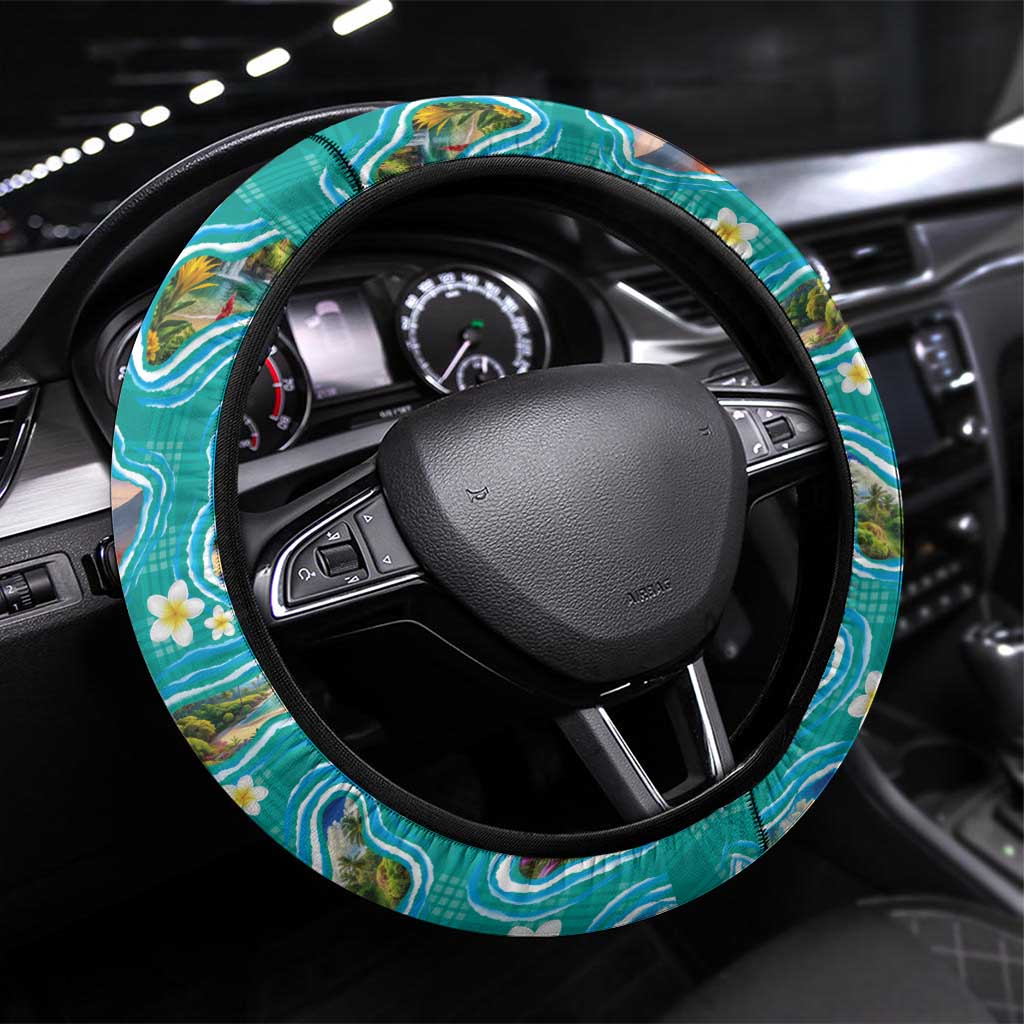 Hawaii Map with Plumeria Flower and Palaka Pattern Steering Wheel Cover Tropical Island Teal Design LT03 Universal Fit Teal - Polynesian Pride