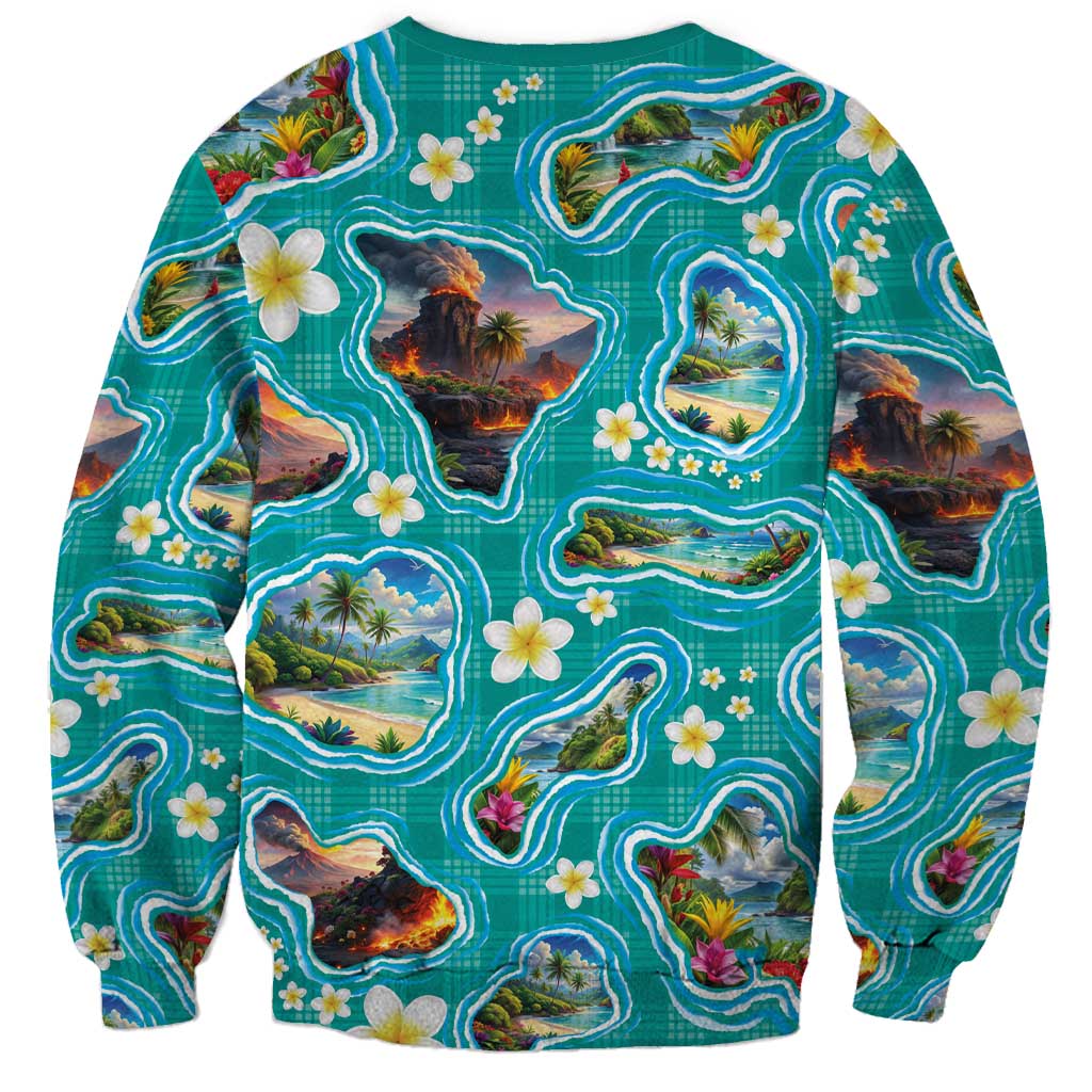 Hawaii Map with Plumeria Flower and Palaka Pattern Sweatshirt Tropical Island Teal Design LT03 - Polynesian Pride