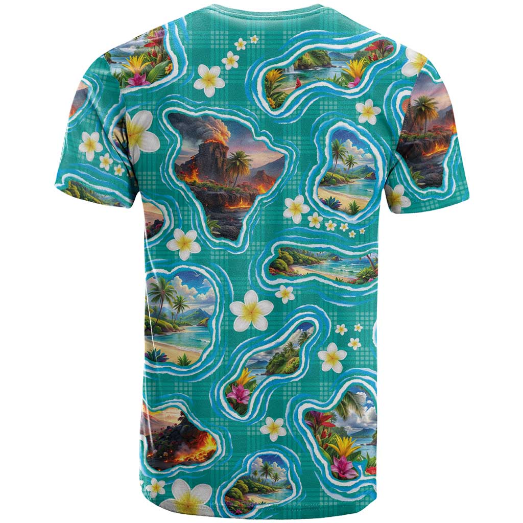 Hawaii Map with Plumeria Flower and Palaka Pattern T Shirt Tropical Island Teal Design LT03 - Polynesian Pride