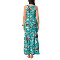 Hawaii Map with Plumeria Flower and Palaka Pattern Tank Maxi Dress Tropical Island Teal Design LT03 - Polynesian Pride