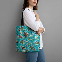 Hawaii Map with Plumeria Flower and Palaka Pattern Tote Bag Tropical Island Teal Design LT03 - Polynesian Pride
