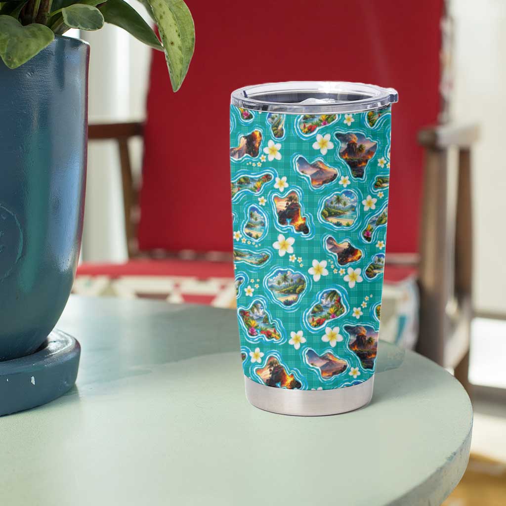 Hawaii Map with Plumeria Flower and Palaka Pattern Tumbler Cup Tropical Island Teal Design LT03 - Polynesian Pride