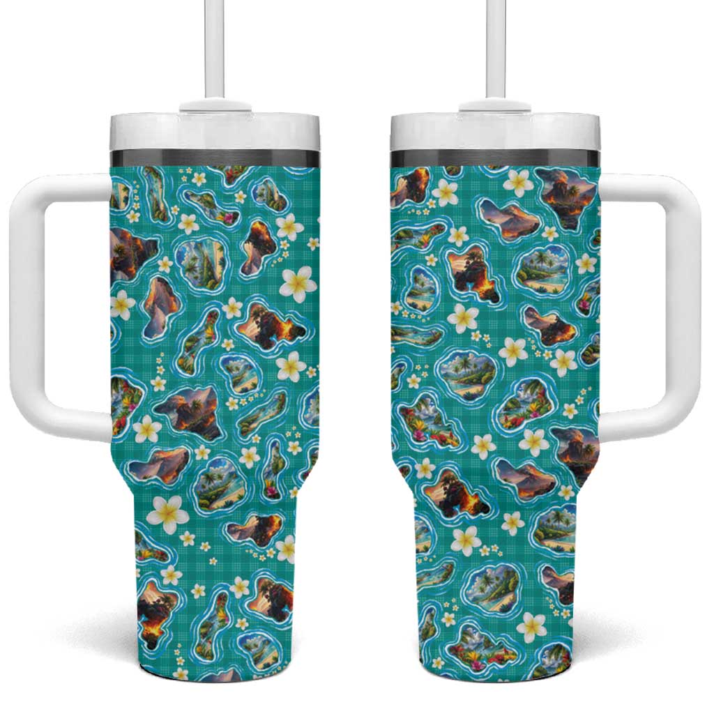 Hawaii Map with Plumeria Flower and Palaka Pattern Tumbler With Handle Tropical Island Teal Design LT03 One Size: 40 oz Teal - Polynesian Pride