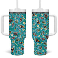 Hawaii Map with Plumeria Flower and Palaka Pattern Tumbler With Handle Tropical Island Teal Design LT03 One Size: 40 oz Teal - Polynesian Pride