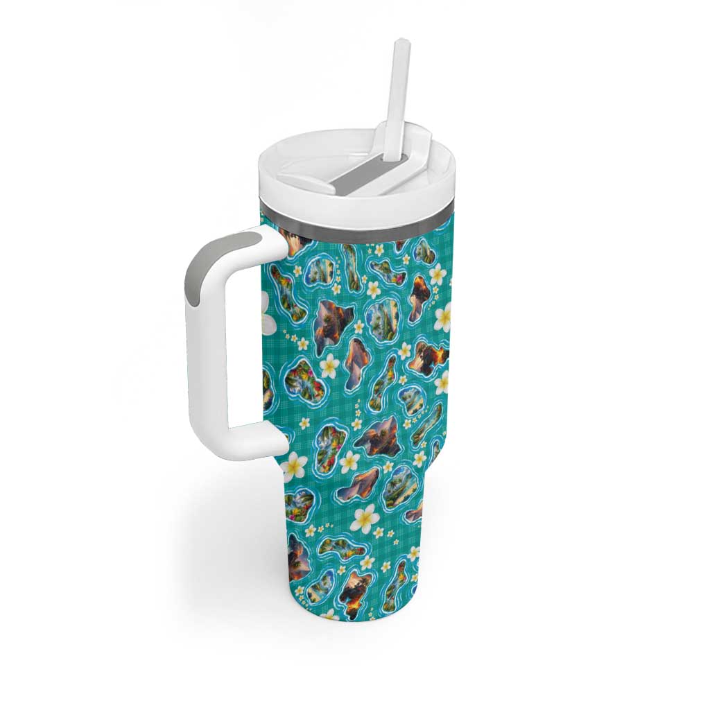 Hawaii Map with Plumeria Flower and Palaka Pattern Tumbler With Handle Tropical Island Teal Design LT03 - Polynesian Pride