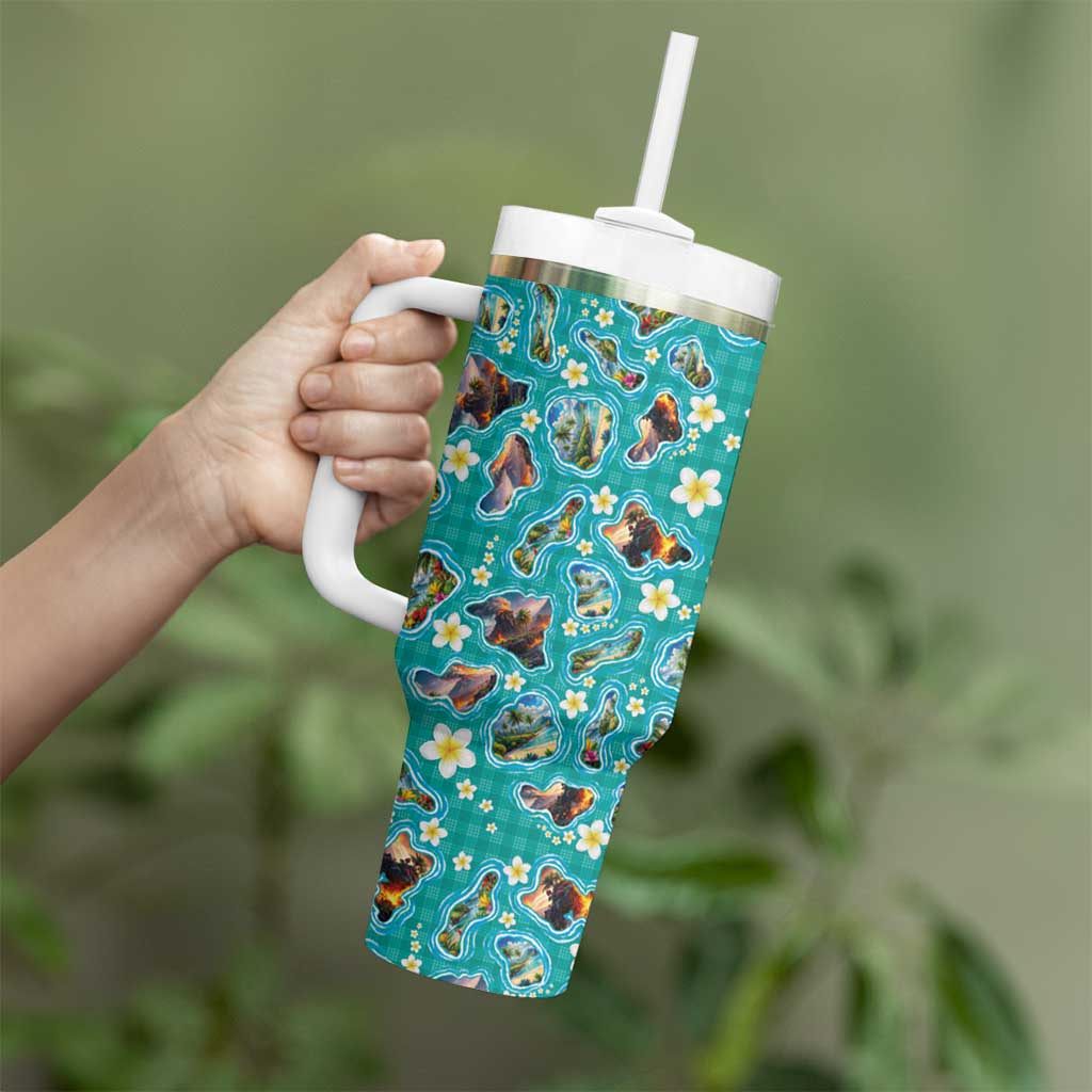 Hawaii Map with Plumeria Flower and Palaka Pattern Tumbler With Handle Tropical Island Teal Design LT03 - Polynesian Pride