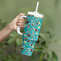 Hawaii Map with Plumeria Flower and Palaka Pattern Tumbler With Handle Tropical Island Teal Design LT03 - Polynesian Pride