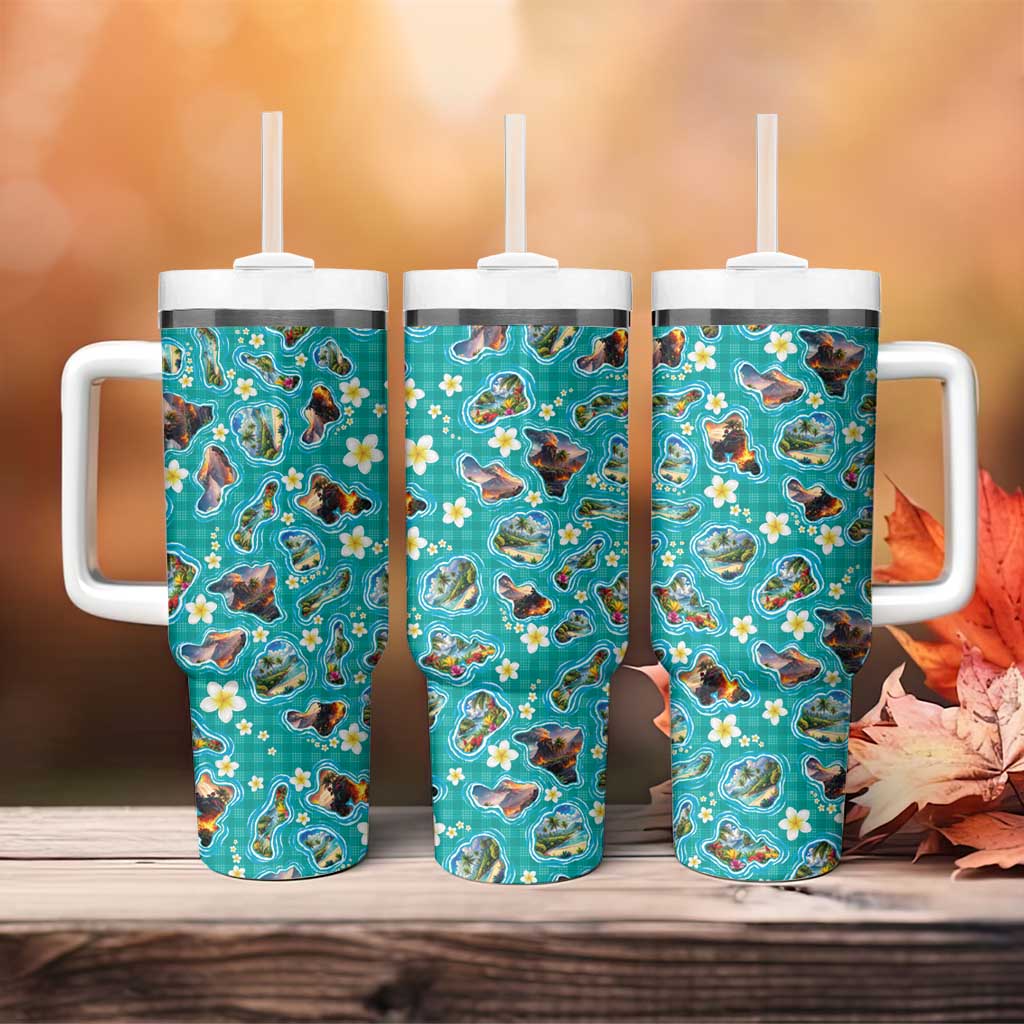 Hawaii Map with Plumeria Flower and Palaka Pattern Tumbler With Handle Tropical Island Teal Design LT03 - Polynesian Pride