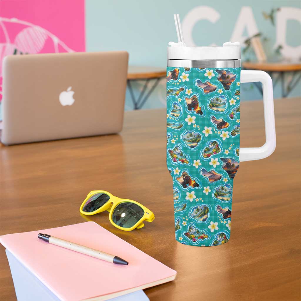 Hawaii Map with Plumeria Flower and Palaka Pattern Tumbler With Handle Tropical Island Teal Design LT03 - Polynesian Pride