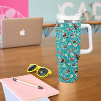 Hawaii Map with Plumeria Flower and Palaka Pattern Tumbler With Handle Tropical Island Teal Design LT03 - Polynesian Pride