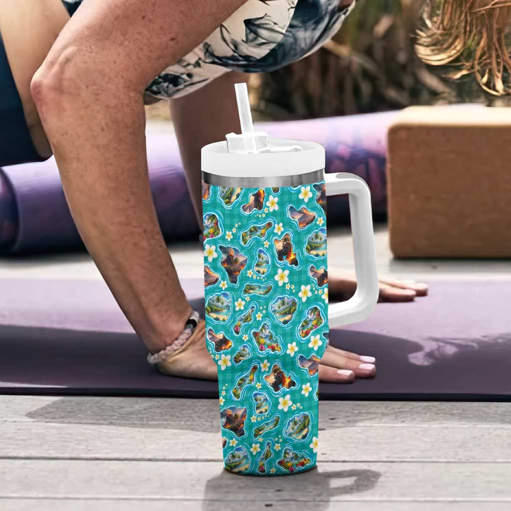 Hawaii Map with Plumeria Flower and Palaka Pattern Tumbler With Handle Tropical Island Teal Design LT03 - Polynesian Pride