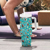 Hawaii Map with Plumeria Flower and Palaka Pattern Tumbler With Handle Tropical Island Teal Design LT03 - Polynesian Pride
