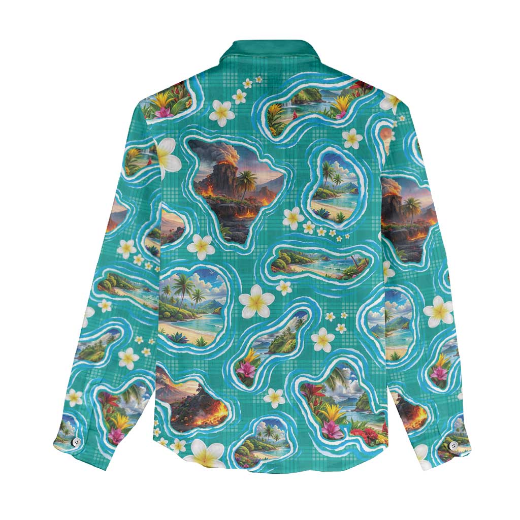 Hawaii Map with Plumeria Flower and Palaka Pattern Women Casual Shirt Tropical Island Teal Design LT03 - Polynesian Pride