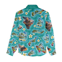 Hawaii Map with Plumeria Flower and Palaka Pattern Women Casual Shirt Tropical Island Teal Design LT03 - Polynesian Pride