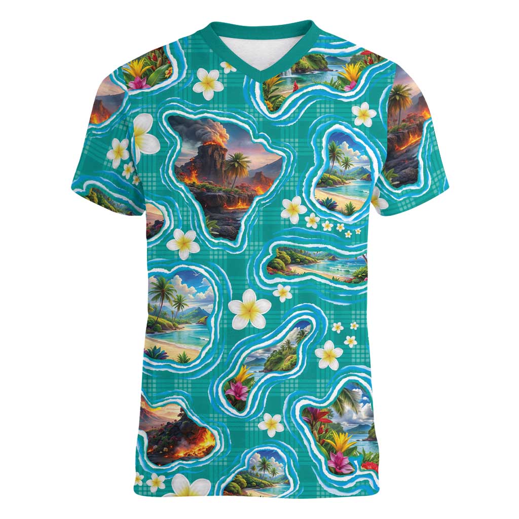 Hawaii Map with Plumeria Flower and Palaka Pattern Women V-Neck T-Shirt Tropical Island Teal Design LT03 Female Teal - Polynesian Pride