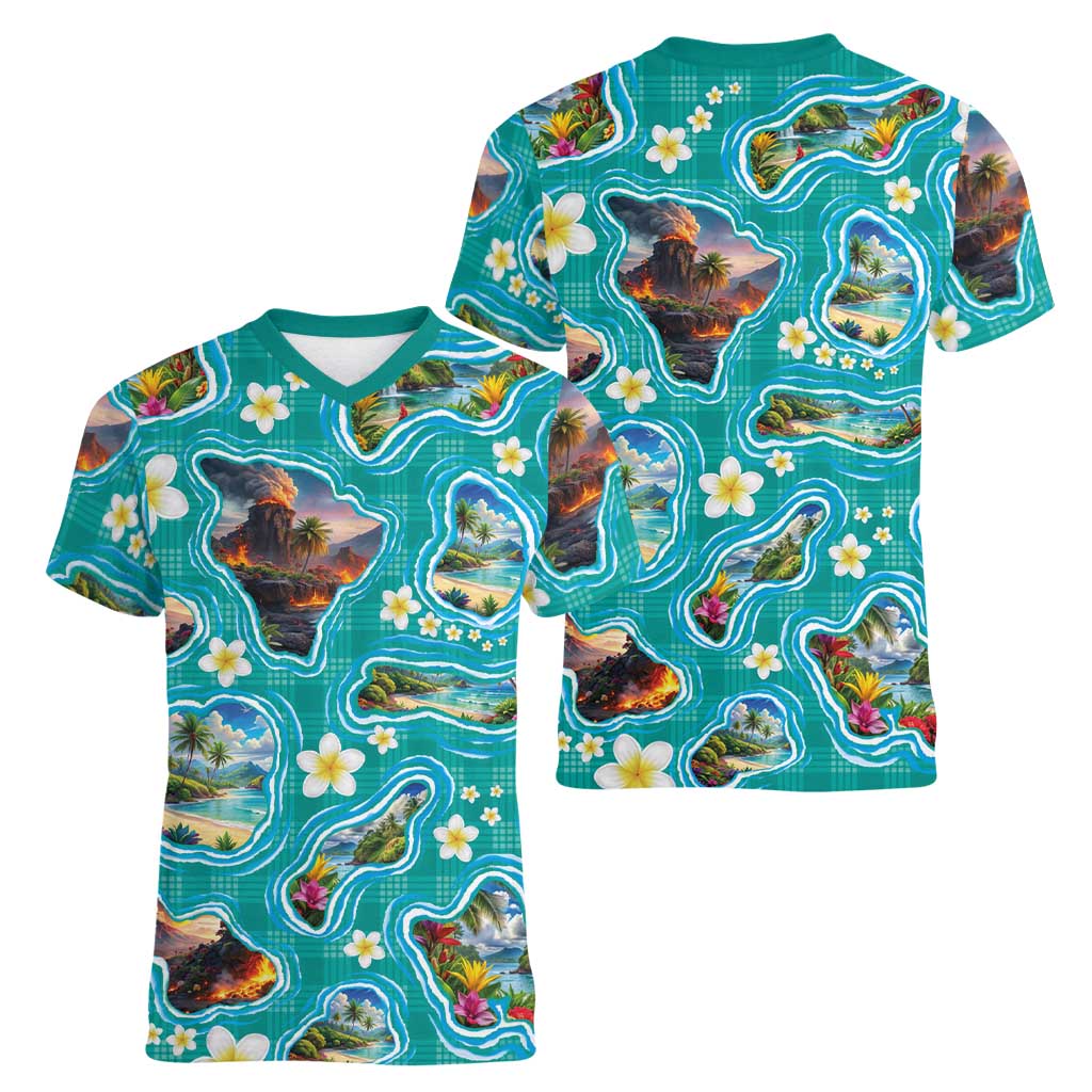 Hawaii Map with Plumeria Flower and Palaka Pattern Women V-Neck T-Shirt Tropical Island Teal Design LT03 - Polynesian Pride