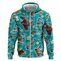 Hawaii Map with Plumeria Flower and Palaka Pattern Zip Hoodie Tropical Island Teal Design LT03 Zip Hoodie Teal - Polynesian Pride