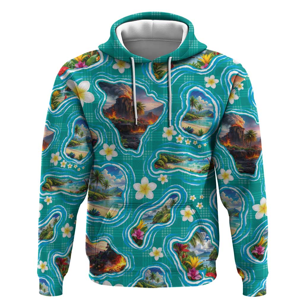 Hawaii Map with Plumeria Flower and Palaka Pattern Zip Hoodie Tropical Island Teal Design LT03 Pullover Hoodie Teal - Polynesian Pride
