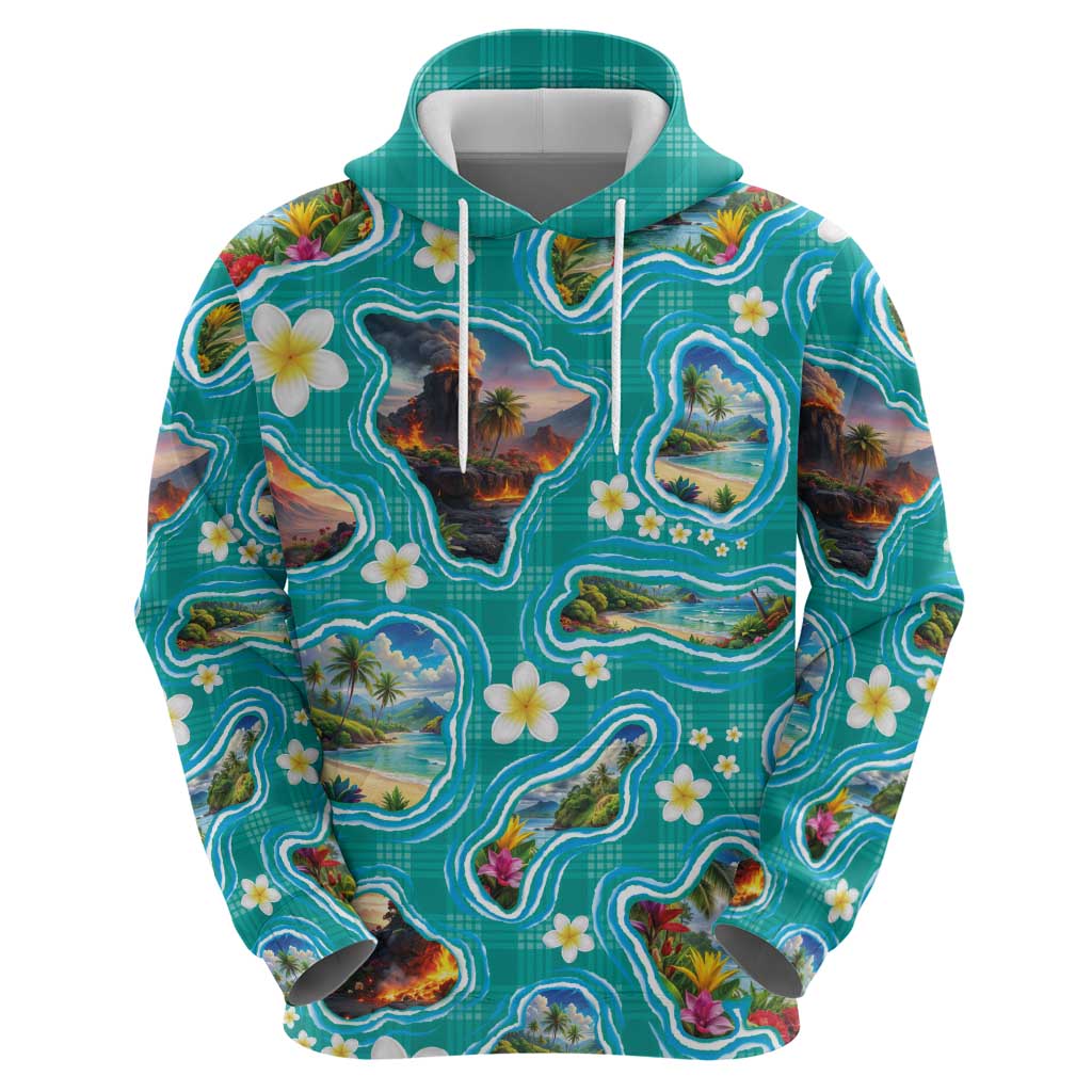 Hawaii Map with Plumeria Flower and Palaka Pattern Zip Hoodie Tropical Island Teal Design LT03 - Polynesian Pride