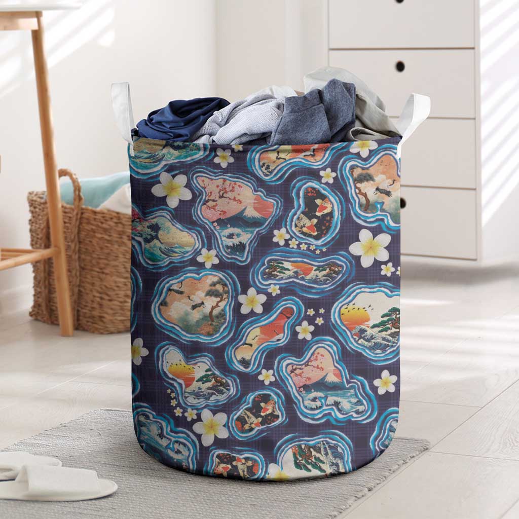Hawaii Islands Map Design with Japanese Landscape Laundry Basket Hawaiian Japan Fusion Art Navy Color