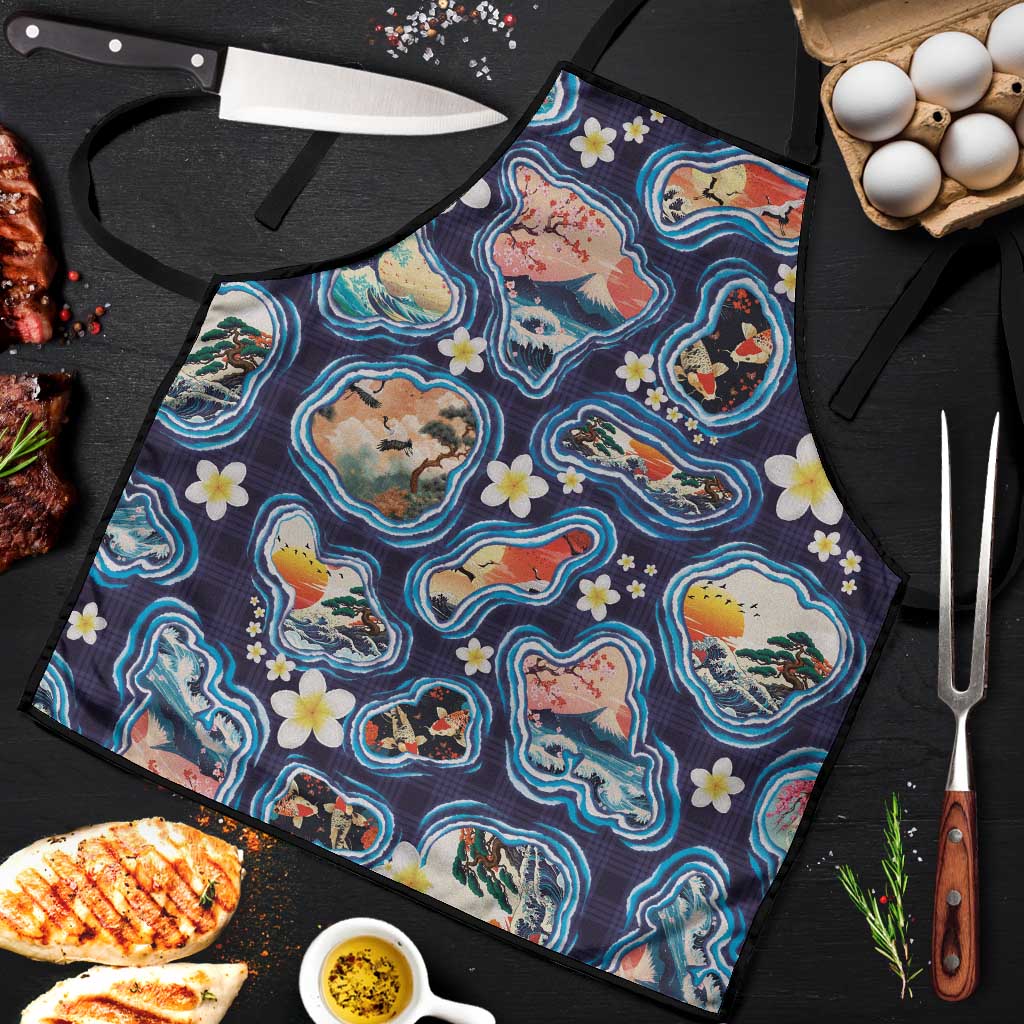 Hawaii Islands Map Design with Japanese Landscape Apron Hawaiian Japan Fusion Art Navy Color LT03 Navy - Polynesian Pride
