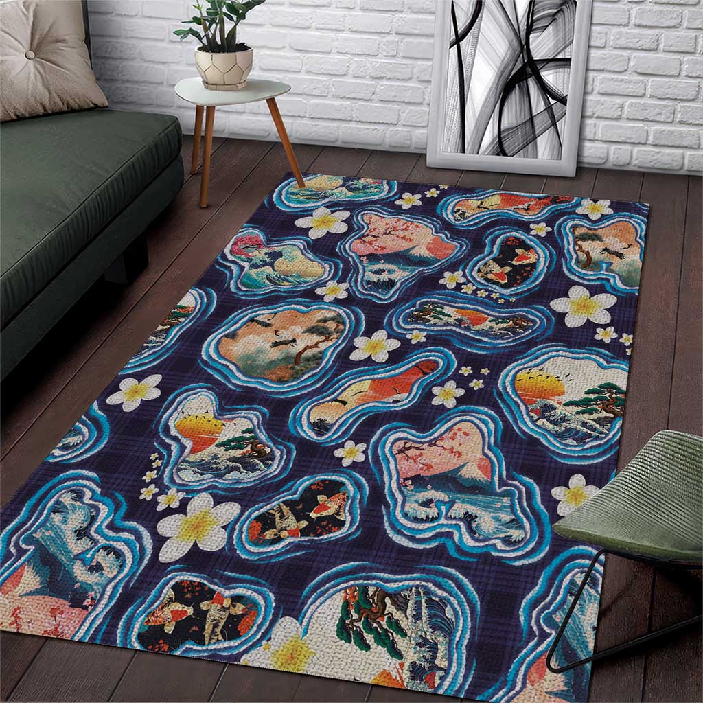 Hawaii Islands Map Design with Japanese Landscape Area Rug Hawaiian Japan Fusion Art Navy Color LT03 Navy - Polynesian Pride