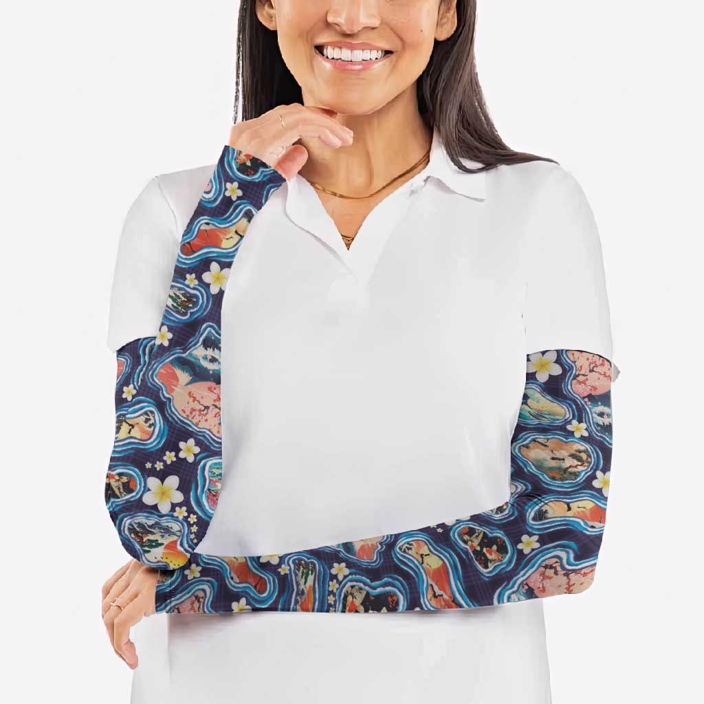 Hawaii Islands Map Design with Japanese Landscape Arm Sleeves Hawaiian Japan Fusion Art Navy Color LT03 - Polynesian Pride