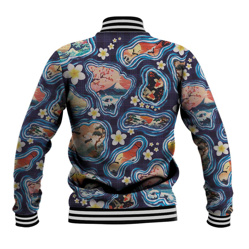 Hawaii Islands Map Design with Japanese Landscape Baseball Jacket Hawaiian Japan Fusion Art Navy Color LT03 - Polynesian Pride