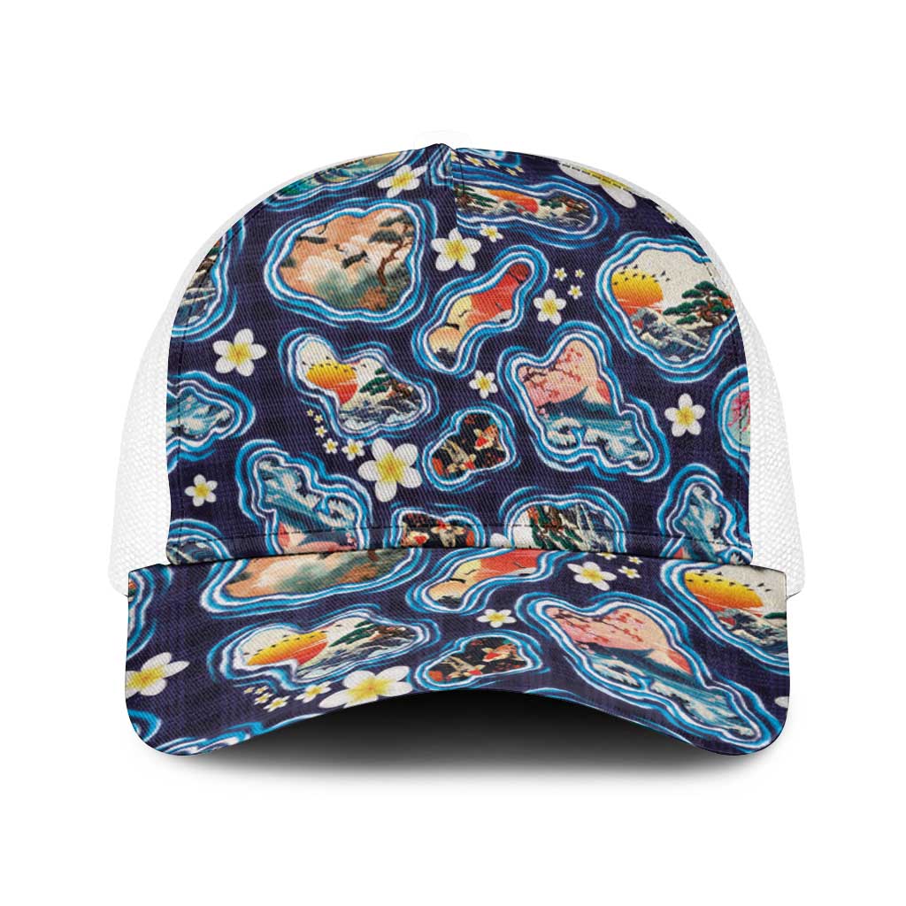 Hawaii Islands Map Design with Japanese Landscape Baseball Net Cap Hawaiian Japan Fusion Art Navy Color