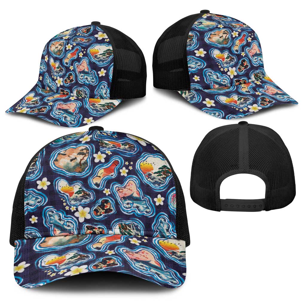 Hawaii Islands Map Design with Japanese Landscape Baseball Net Cap Hawaiian Japan Fusion Art Navy Color