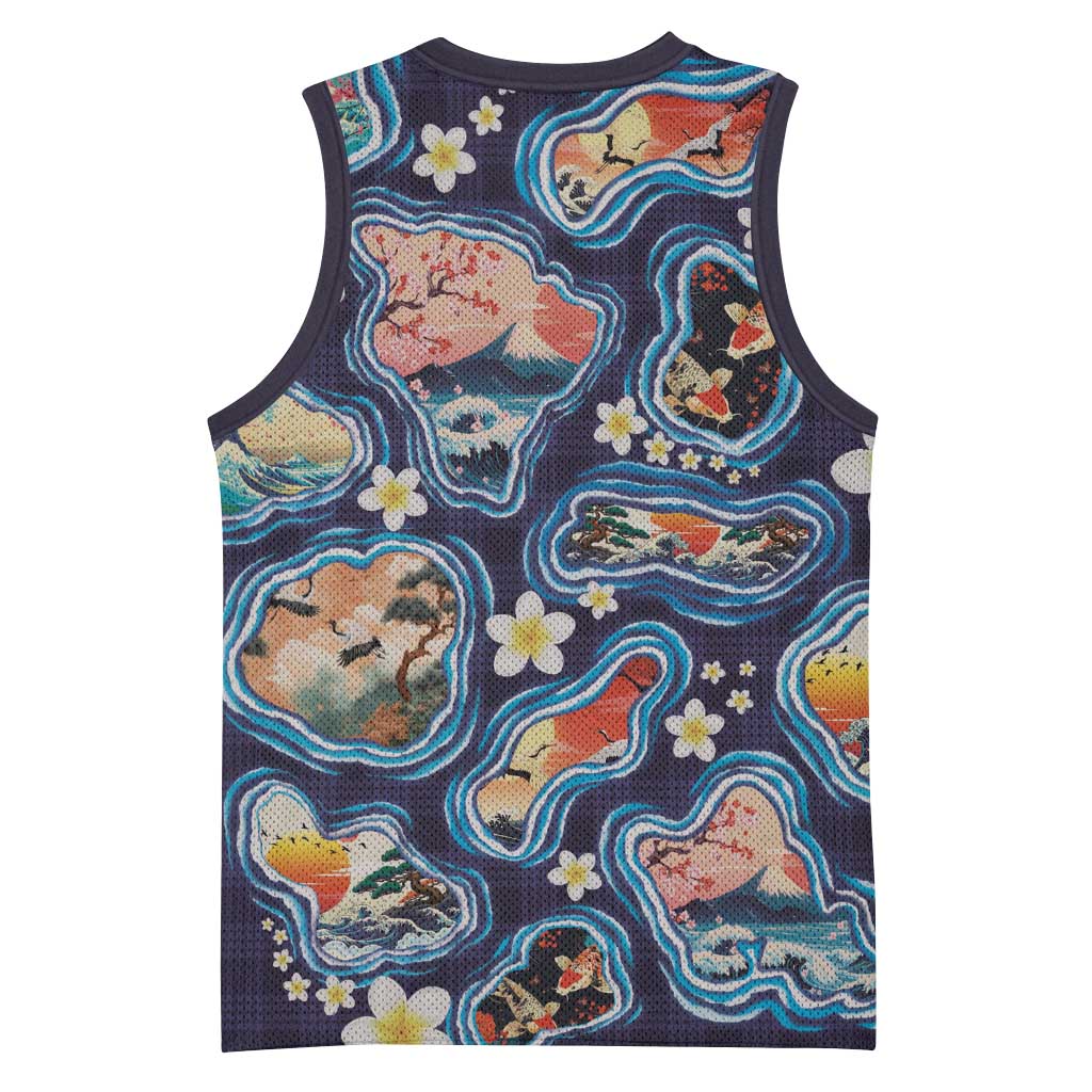 Hawaii Islands Map Design with Japanese Landscape Basketball Jersey Hawaiian Japan Fusion Art Navy Color LT03 - Polynesian Pride