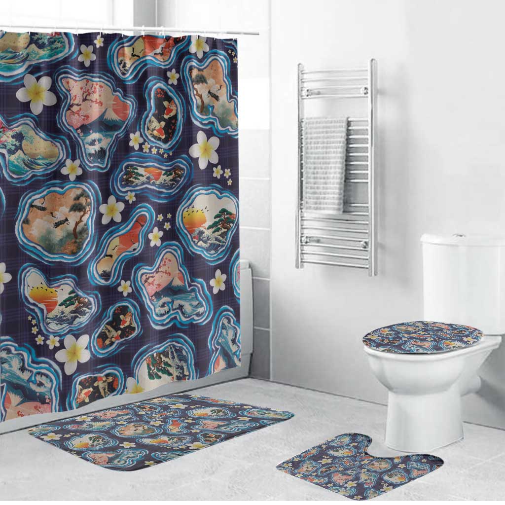 Hawaii Islands Map Design with Japanese Landscape Bathroom Set Hawaiian Japan Fusion Art Navy Color LT03 Bathroom Set (4 pcs) Navy - Polynesian Pride