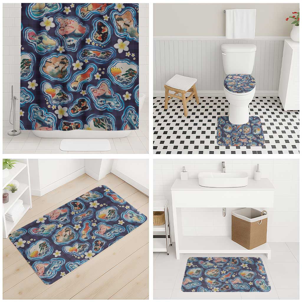 Hawaii Islands Map Design with Japanese Landscape Bathroom Set Hawaiian Japan Fusion Art Navy Color LT03 - Polynesian Pride