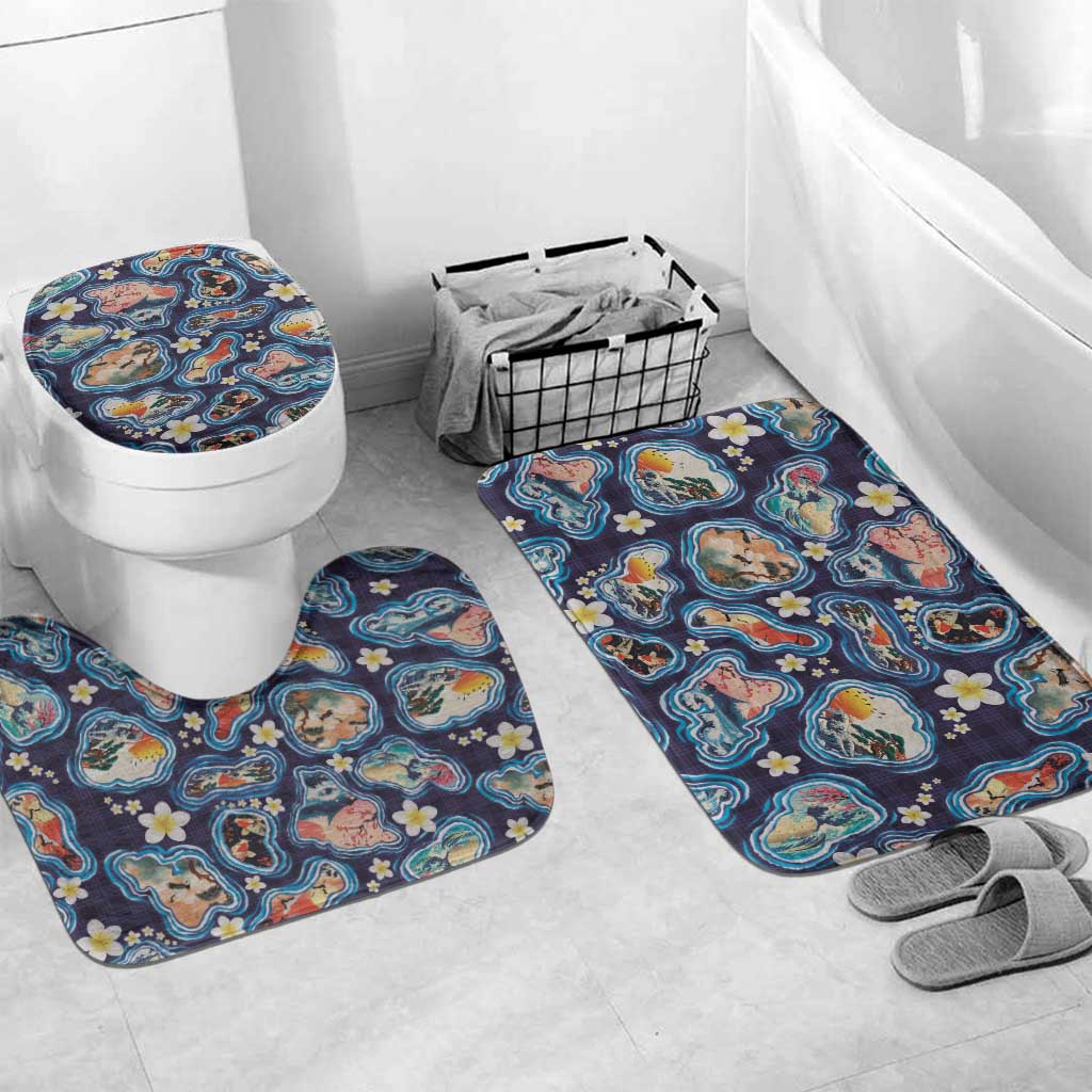 Hawaii Islands Map Design with Japanese Landscape Bathroom Set Hawaiian Japan Fusion Art Navy Color LT03 Mat Set Only (3 pcs) One Size Navy - Polynesian Pride