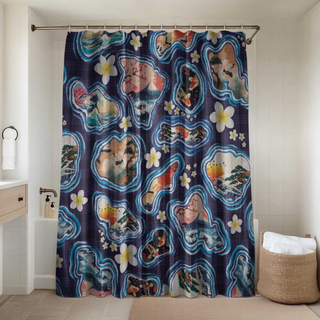 Hawaii Islands Map Design with Japanese Landscape Bathroom Set Hawaiian Japan Fusion Art Navy Color LT03 Shower Curtain Only Navy - Polynesian Pride