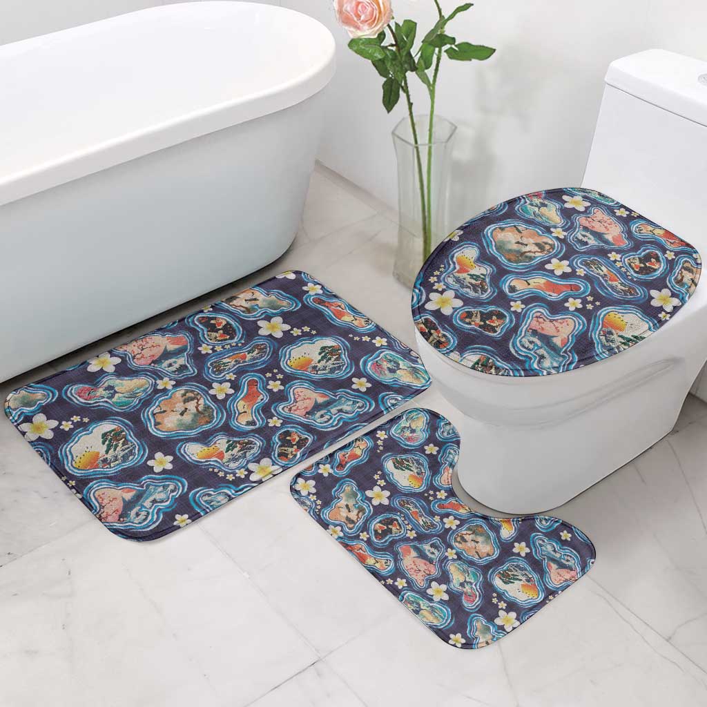 Hawaii Islands Map Design with Japanese Landscape Bathroom Set Hawaiian Japan Fusion Art Navy Color LT03 - Polynesian Pride