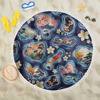 Hawaii Islands Map Design with Japanese Landscape Beach Blanket Hawaiian Japan Fusion Art Navy Color LT03 One Size 150cm Navy - Polynesian Pride