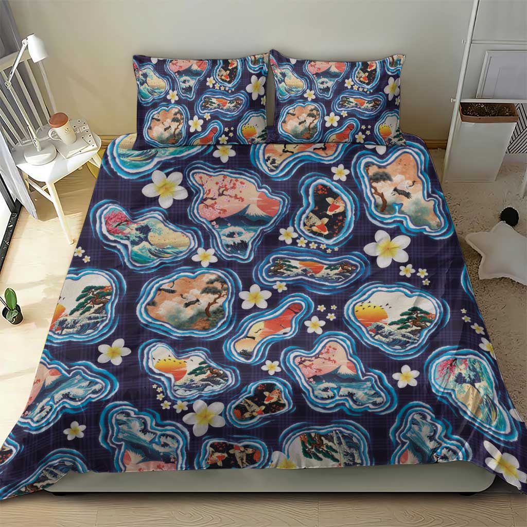 Hawaii Islands Map Design with Japanese Landscape Bedding Set Hawaiian Japan Fusion Art Navy Color LT03 - Polynesian Pride