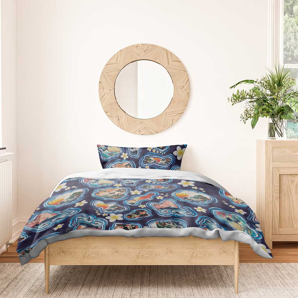 Hawaii Islands Map Design with Japanese Landscape Bedding Set Hawaiian Japan Fusion Art Navy Color LT03 - Polynesian Pride