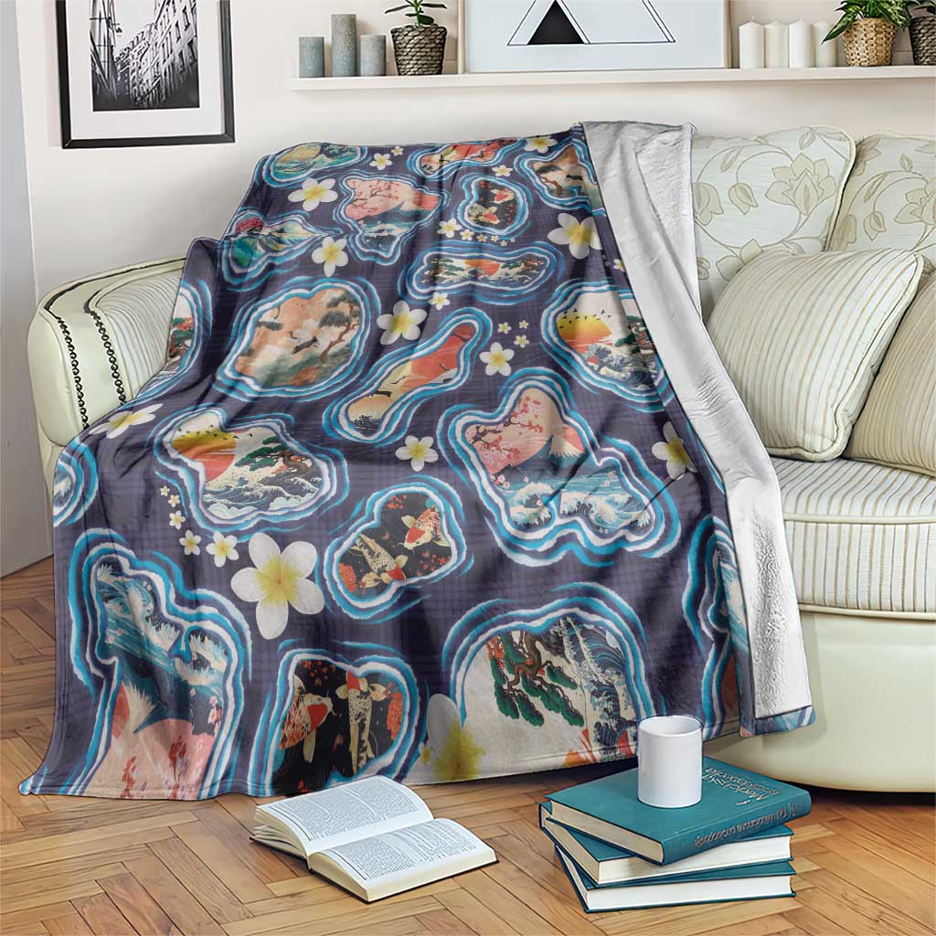 Hawaii Islands Map Design with Japanese Landscape Blanket Hawaiian Japan Fusion Art Navy Color LT03 Navy - Polynesian Pride