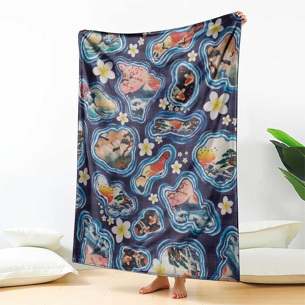 Hawaii Islands Map Design with Japanese Landscape Blanket Hawaiian Japan Fusion Art Navy Color LT03 - Polynesian Pride