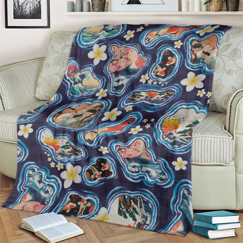 Hawaii Islands Map Design with Japanese Landscape Blanket Hawaiian Japan Fusion Art Navy Color LT03 - Polynesian Pride